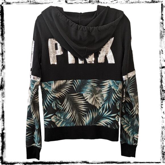 HTF Tropical VS PINK Zip Up Bling Hoodie Silver Sequins Spell PINK 86 + Dog Logo - Picture 5 of 12